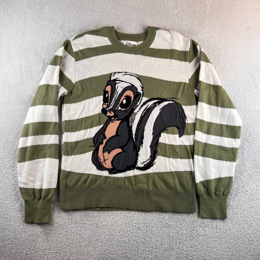 Disney Bambi Flower the Skunk Striped Sweater Womens Medium Green Cream Knit